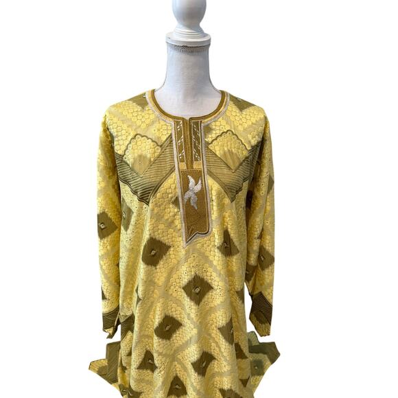 Vintage 60s Dramatic Jacquard Embroidered Kaftan Dress Yellow Avocado Green - Picture 2 of 7